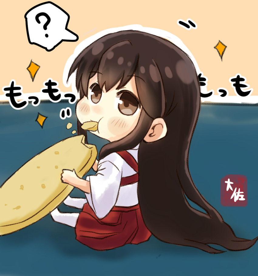 1girl ? akagi_(kancolle) akagi_(warship_girls_r) arms_up bangs blush brown_hair chibi cookie eating eyebrows_visible_through_hair food food_in_mouth hakama hakama_skirt highres holding holding_food japanese_clothes kantai_collection long_hair puffy_cheeks red_hakama signature simple_background sitting sleeves_past_elbows solo_focus taisa_(kari) tasuki very_long_hair white_legwear wide_sleeves