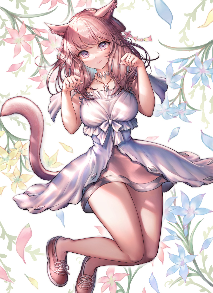 1girl animal_ears bangs bare_legs blue_eyes blush breasts cat_ears cat_tail choker closed_mouth collarbone dress eyebrows_visible_through_hair final_fantasy final_fantasy_xiv flower full_body hands_up highres jewelry large_breasts long_hair looking_at_viewer miqo'te mirukurim necklace paw_pose pink_hair red_footwear shoes smile solo tail thighs white_dress
