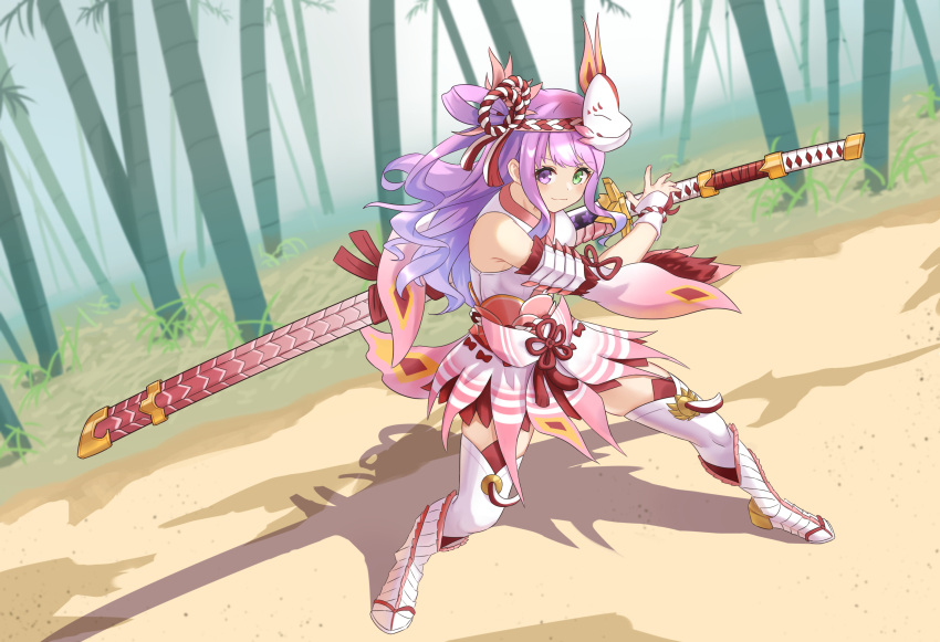 1girl absurdres boots commentary_request dress eyebrows_visible_through_hair fox_mask green_eyes hair_between_eyes heterochromia highres himemori_luna hololive jiu_fanglianhua long_hair long_sword looking_at_viewer mask mask_on_head mizutsune_(armor) monster_hunter_(series) outdoors pink_dress pink_hair pose sheath solo thigh-highs thigh_boots violet_eyes virtual_youtuber