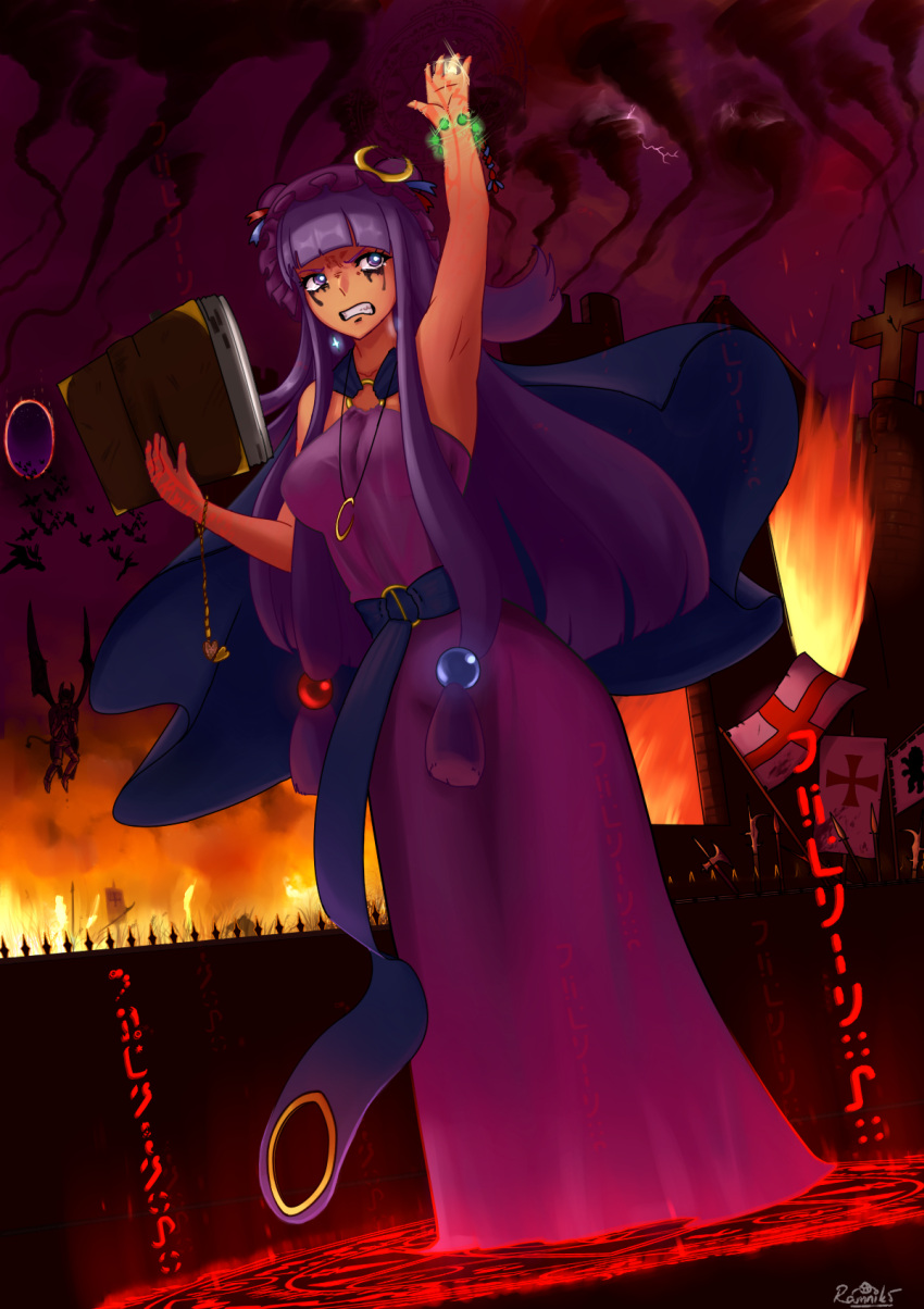 alternate_costume angry beads book breasts cloak cresce crescent crescent_hair_ornament cross demon destruction dress fire flag hair_ornament highres jewelry lightning long_hair mage magic magic_circle medium_breasts patchouli_knowledge pendant portal_(object) purple_hair red_sky scenery sky tears tornado touhou