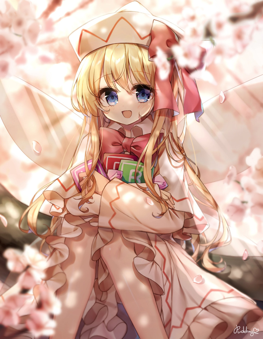 1girl absurdres artist_name blonde_hair blue_eyes blurry blurry_background blurry_foreground bow bowtie capelet cherry_blossoms commentary depth_of_field dress eyebrows_visible_through_hair fairy_wings flower frilled_capelet frilled_dress frilled_sleeves frills hat highres holding light_rays lily_white long_hair long_sleeves looking_at_viewer open_mouth outdoors petals power-up pudding_(skymint_028) red_bow red_neckwear signature smile solo sunlight touhou translated white_dress white_headwear wide_sleeves wings