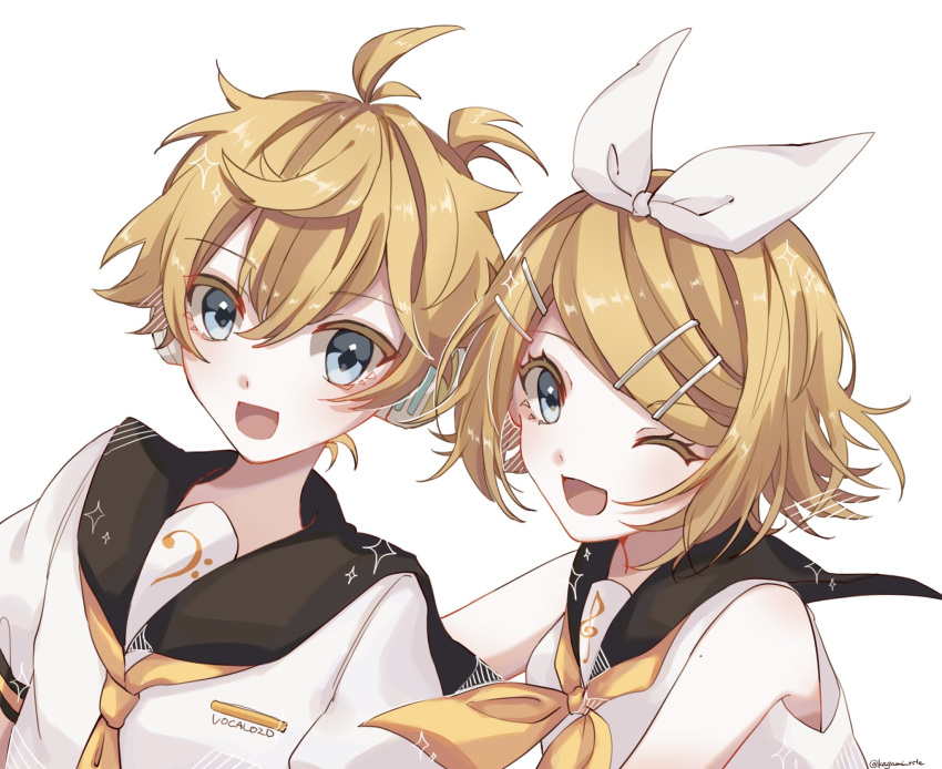1boy 1girl :d bangs bare_shoulders bass_clef black_collar blonde_hair blue_eyes bow collar commentary copyright_name hair_bow hair_ornament hairclip headphones highres kagamine_len kagamine_rin kagamirror02 looking_at_viewer neckerchief necktie one_eye_closed open_mouth sailor_collar school_uniform shirt short_hair short_ponytail short_sleeves sleeveless sleeveless_shirt smile spiky_hair swept_bangs treble_clef upper_body vocaloid white_background white_bow white_shirt yellow_neckwear