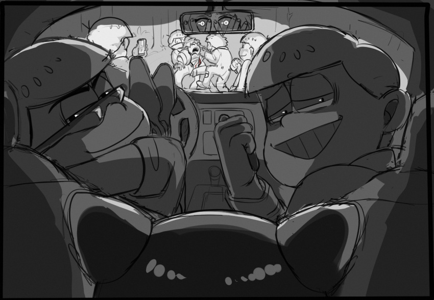 2girls 6+boys blood can car drunk evil_grin evil_smile female_pov glasses greyscale grin ground_vehicle hands_on_own_face hashimoto_nyaa highres hood hoodie indoors jumpsuit male_focus matsuno_choromatsu matsuno_ichimatsu matsuno_juushimatsu matsuno_karamatsu matsuno_osomatsu matsuno_todomatsu monochrome motor_vehicle multiple_boys multiple_girls osomatsu-kun osomatsu-san pointing pov recording restrained smile stab steering_wheel sunglasses teeth yowai_totoko zaki_(49569432)