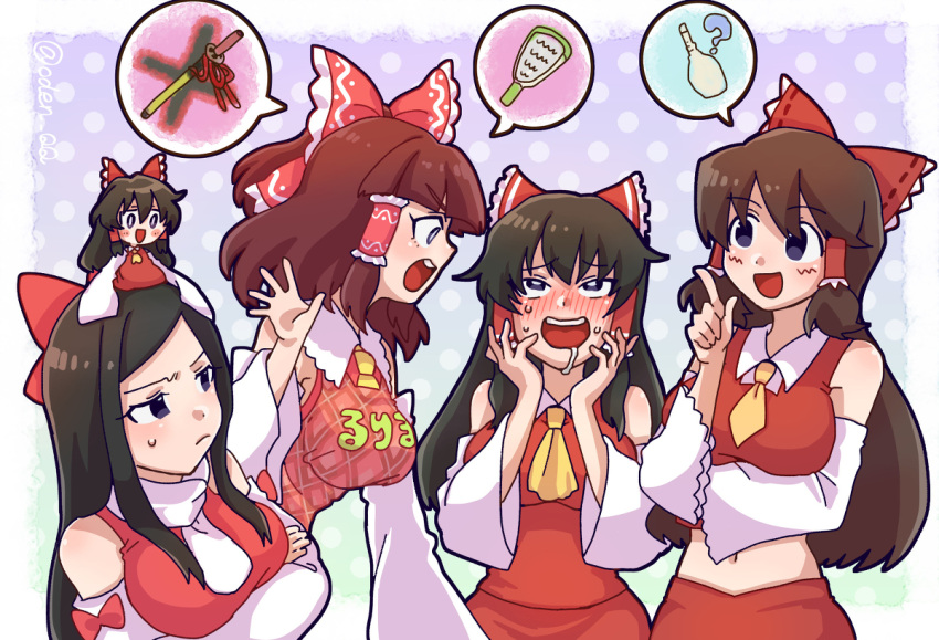 5girls :d apron bangs black_eyes black_hair blunt_bangs blush border bow breasts bright_pupils brown_hair character_name clothes_writing commentary_request cookie_(touhou) detached_sleeves drooling eyebrows_visible_through_hair frilled_bow frilled_hair_tubes frills grater hair_between_eyes hair_bow hair_tubes hakurei_reimu hotaruda_(cookie) katana long_hair looking_at_another looking_to_the_side medium_breasts medium_hair minigirl multiple_girls navel necktie noel_(cookie) nose_blush odenoden open_mouth pink_apron red_bow red_shirt red_skirt rurima_(cookie) scarf shinonome_(cookie) shiromiya_rei shirt skirt skirt_set sleeveless sleeveless_shirt sleeves_past_wrists smile sword touhou twitter_username upper_body weapon white_border white_pupils white_scarf white_sleeves yellow_neckwear