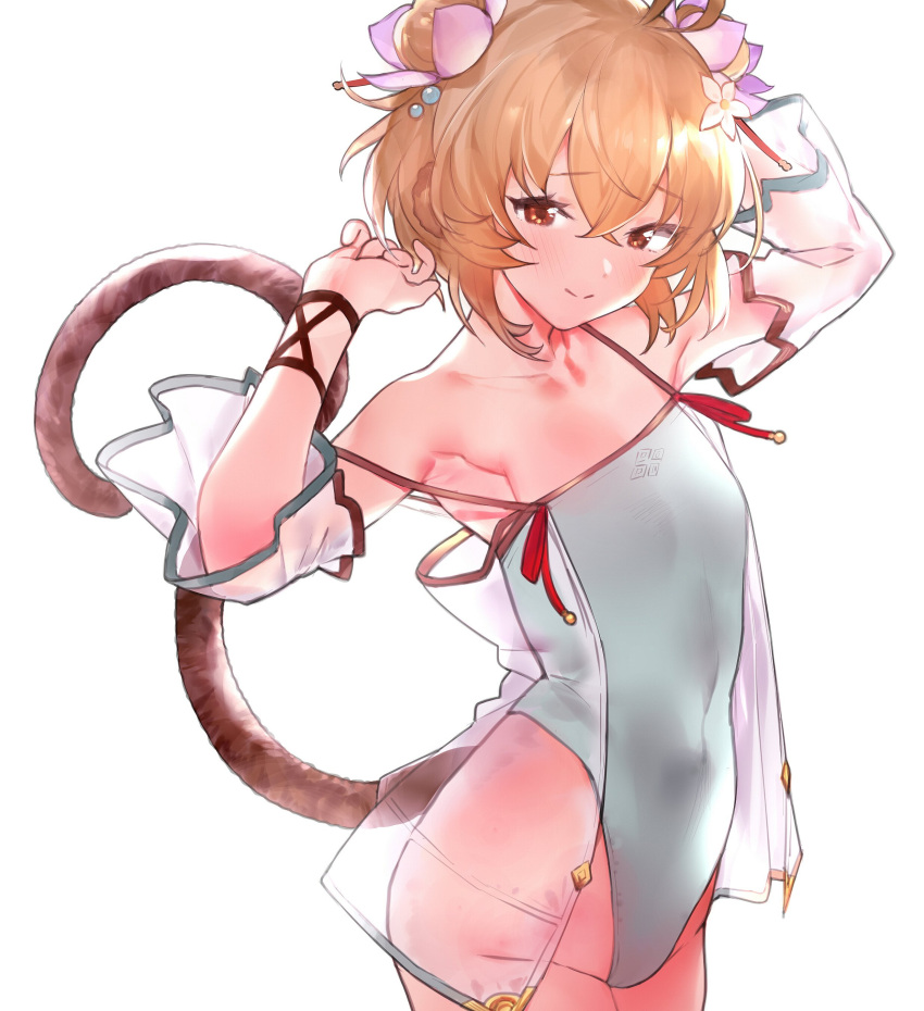 1girl absurdres andira_(granblue_fantasy) animal_ears armpits arms_behind_head arms_up bangs bare_shoulders blonde_hair blush breasts brown_eyes collarbone covered_navel erune granblue_fantasy green_swimsuit highleg highleg_swimsuit highres looking_at_viewer monkey_ears monkey_girl monkey_tail one-piece_swimsuit remora180 short_hair small_breasts smile swimsuit tail thighs