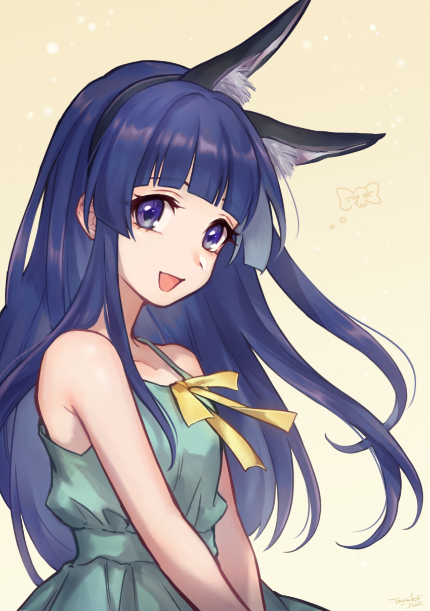 1girl :d animal_ear_fluff animal_ears bangs bare_arms bare_shoulders blue_hair blunt_bangs collarbone commentary_request dress eyebrows_visible_through_hair fake_animal_ears from_side furude_rika gradient gradient_background green_dress happy highres higurashi_no_naku_koro_ni long_hair looking_at_viewer open_mouth rabbit_ears ribbon signature sleeveless sleeveless_dress smile solo spaghetti_strap tarako_jun v_arms very_long_hair violet_eyes yellow_ribbon