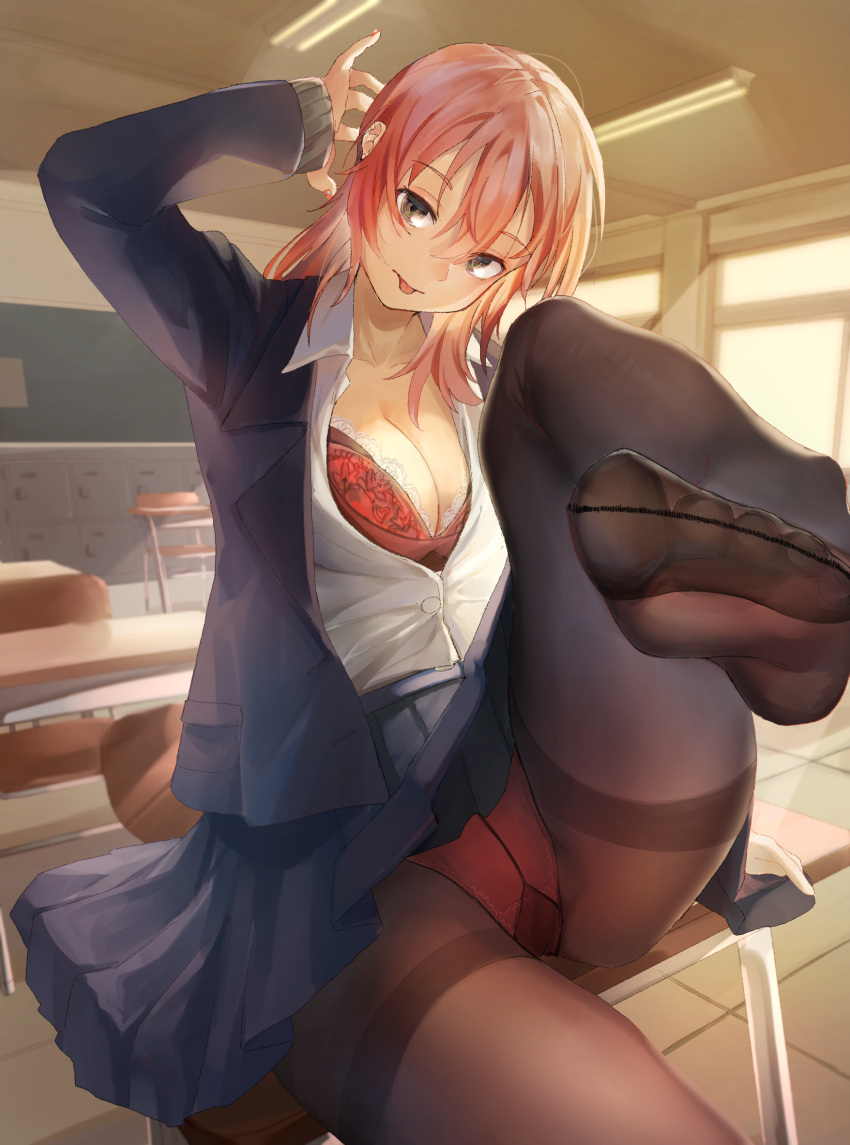 1girl :p arm_up bangs black_legwear blazer bra breasts classroom crotch_seam desk dress_shirt feet feet_up gusset head_tilt highres indoors jacket knee_up looking_at_viewer no_shoes on_desk open_blazer open_clothes open_jacket open_shirt original panties panties_under_pantyhose pantyhose partially_unbuttoned pink_hair pleated_skirt red_bra red_panties school school_desk shirt sitting skirt skirt_lift soles solo sunlight thighband_pantyhose tile_floor tiles tongue tongue_out underwear yoshimori_isa