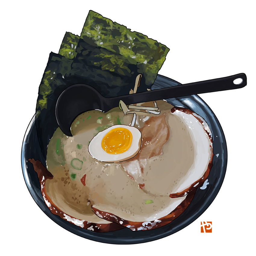 bean_sprout bowl egg food food_focus garnish halfboiled_egg meat no_humans original seaweed simple_background soup soup_ladle spring_onion still_life studiolg vegetable white_background