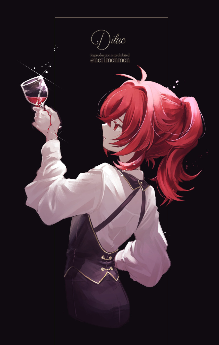 1boy absurdres alcohol bangs black_background character_name closed_mouth crack cup diluc_(genshin_impact) drinking_glass english_text from_behind genshin_impact highres holding holding_cup long_hair long_sleeves male_focus nerimono_(nekokoban22) ponytail red_eyes redhead shirt simple_background sparkle white_shirt wine wine_glass
