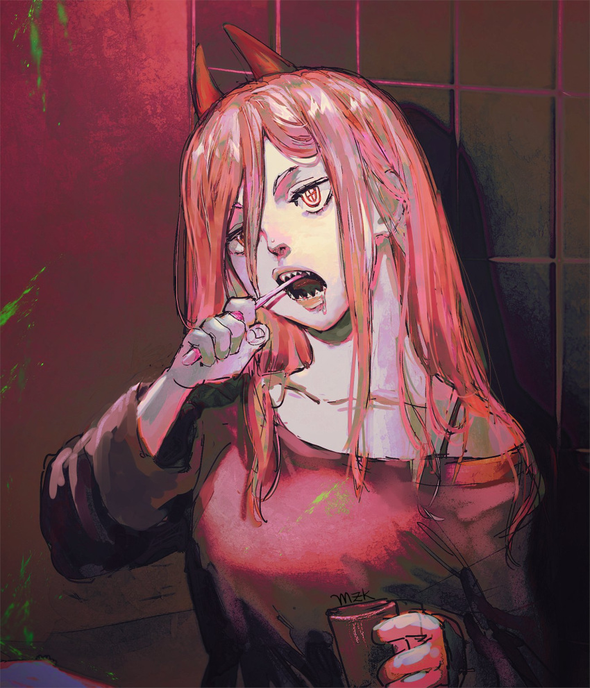 +_+ 1girl artist_name bathroom black_shirt bra_strap breasts brushing_teeth chainsaw_man collarbone commentary cup demon_horns expressionless hair_between_eyes head_tilt highres holding holding_cup holding_toothbrush horns indoors lips long_hair looking_at_viewer medium_breasts off-shoulder_shirt off_shoulder open_mouth pink_hair power_(chainsaw_man) red_eyes sharp_teeth shirt signature solo straight_hair teeth tile_wall tiles tongue toothbrush upper_body zemzk