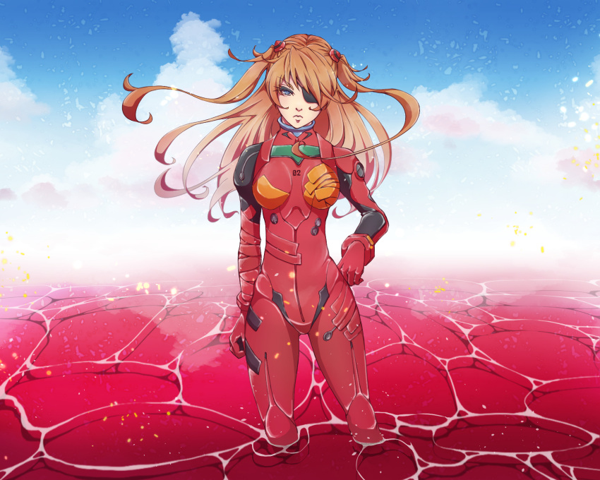 1girl arm_at_side bandaged_arm bandages blue_eyes blue_sky breasts brown_hair cloudwater eyepatch hand_on_hip highres interface_headset long_hair medium_breasts neon_genesis_evangelion plugsuit shikinami_asuka_langley sky solo souryuu_asuka_langley twintails wading