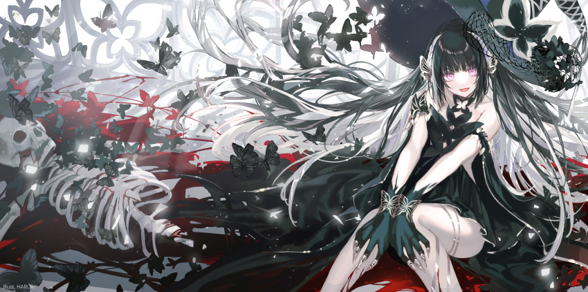 1girl black_dress black_hair black_headwear bug butterfly dress gloves gothic haruri hat highres insect looking_at_viewer open_mouth original skeleton smile solo tagme violet_eyes witch witch_hat