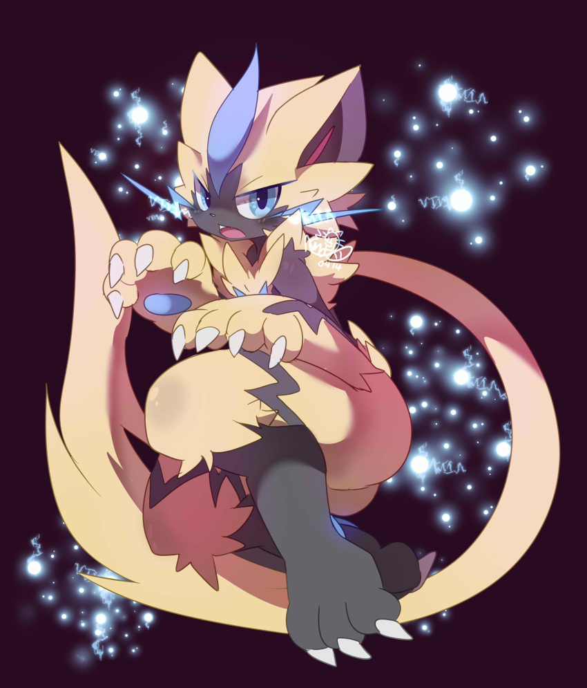 1boy animal_ears artist_name black_fur blue_eyes blush body_fur cat_boy cat_ears cat_tail claws commentary dated electricity fangs full_body furry gen_7_pokemon hands_up highres invisible_chair jpeg_artifacts legendary_pokemon light_blush looking_at_viewer male_focus mythical_pokemon nyaswitchnya open_mouth pawpads paws pokemon pokemon_(creature) signature sitting solo symbol_commentary tail teeth two-tone_fur whiskers yellow_fur zeraora
