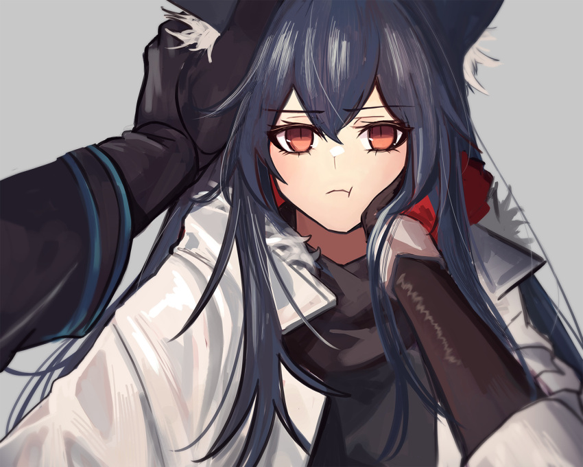 1girl 1other animal_ear_fluff animal_ears arknights bangs black_gloves black_hair black_shirt blush breasts brown_eyes closed_mouth commentary_request doctor_(arknights) eyebrows_visible_through_hair fkskii65 fur_trim gloves grey_background hair_between_eyes hand_on_another's_head hand_on_own_cheek hand_on_own_face highres jacket korean_commentary long_hair long_sleeves looking_at_viewer multicolored_hair official_alternate_costume open_clothes open_jacket out_of_frame pout pov redhead shirt simple_background small_breasts solo solo_focus texas_(arknights) texas_(winter_messenger)_(arknights) two-tone_hair upper_body white_jacket wolf_ears wolf_girl