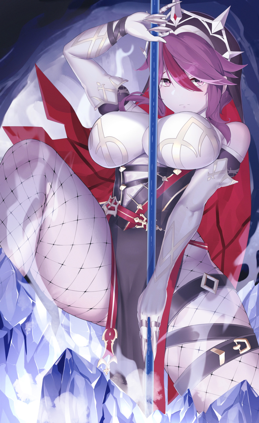 1girl absurdres bangs bare_shoulders black_dress blush breasts closed_mouth dress elbow_gloves fishnet_legwear fishnets genshin_impact gloves highres holding holding_spear holding_weapon huge_filesize ice large_breasts looking_at_viewer manzai_sugar multicolored_hair nun polearm purple_hair rosaria_(genshin_impact) short_hair sleeveless solo spear streaked_hair thigh_strap thighs veil violet_eyes weapon white_gloves