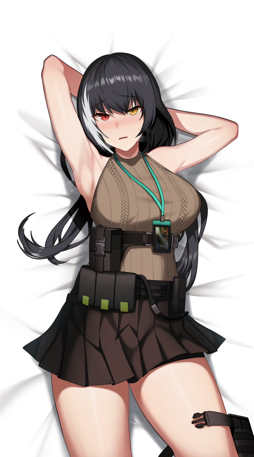 1girl absurdres armpits arms_up bangs bare_legs black_hair black_skirt blush breasts cero_(last2stage) commission eyebrows_visible_through_hair girls_frontline heterochromia highres lanyard large_breasts long_hair long_sleeves looking_at_viewer lying miniskirt mod3_(girls_frontline) multicolored_hair on_back parted_lips red_eyes ro635_(girls_frontline) skirt sleeveless_sweater solo streaked_hair sweater weapon white_hair yellow_eyes