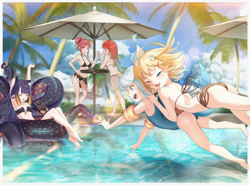 5girls :p ;d absurdres ahoge animal_ears arms_up bangs bare_legs barefoot bikini black_bikini blonde_hair blue_eyes blue_swimsuit blunt_bangs book breasts brown_bikini commentary day english_commentary eyebrows_visible_through_hair fish_tail flat_chest floating floating_book floating_object full_body gawr_gura gradient_hair green_hair grey_bikini hair_ornament hair_stick highres hololive hololive_english inflatable_armbands innertube long_hair medium_breasts medium_hair mori_calliope multicolored_hair multiple_girls ninomae_ina'nis one-piece_swimsuit one_eye_closed open_mouth orange_hair palm_tree parasol pink_hair plaid plaid_swimsuit pointy_ears pool purple_hair sandals sarong shark_tail side-tie_bikini sitting smile standing stretch swimsuit tail takanashi_kiara teeth tenchi_mayo tentacle_hair tentacles tied_hair tongue tongue_out tree umbrella violet_eyes virtual_youtuber water watson_amelia white_hair yawning