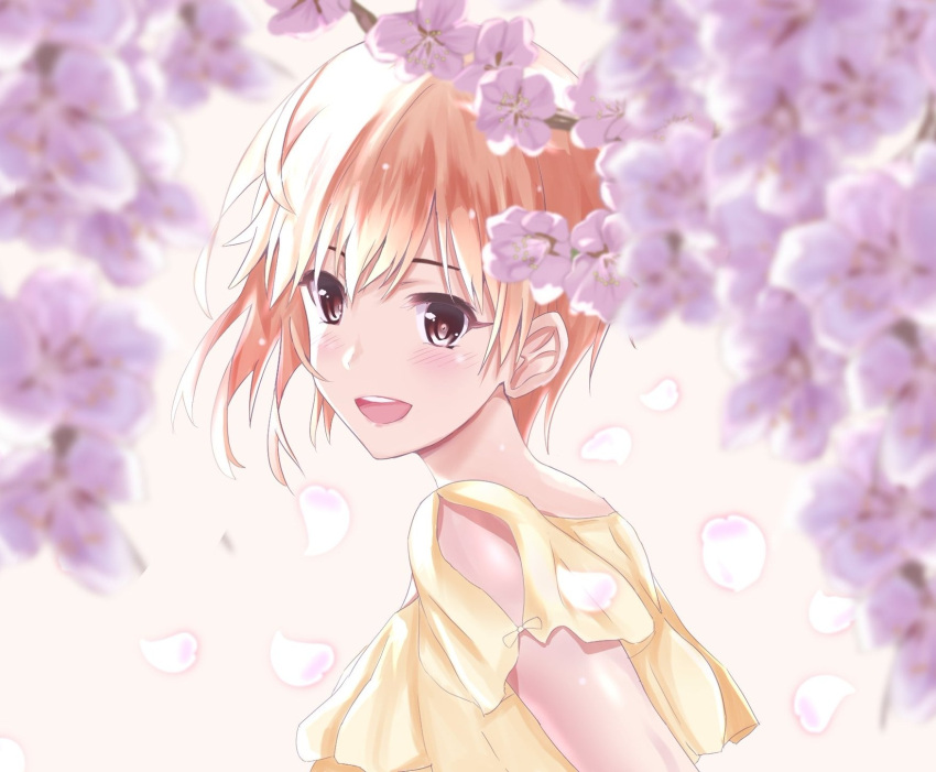 1girl :d aiba_yumi blonde_hair blurry blurry_foreground blush cherry_blossoms depth_of_field frilled_shirt frills from_side highres hubuki_(hubuki1128) idolmaster idolmaster_cinderella_girls idolmaster_cinderella_girls_starlight_stage looking_at_viewer looking_to_the_side open_mouth petals shiny shiny_hair shirt short_hair simple_background smile solo upper_body upper_teeth