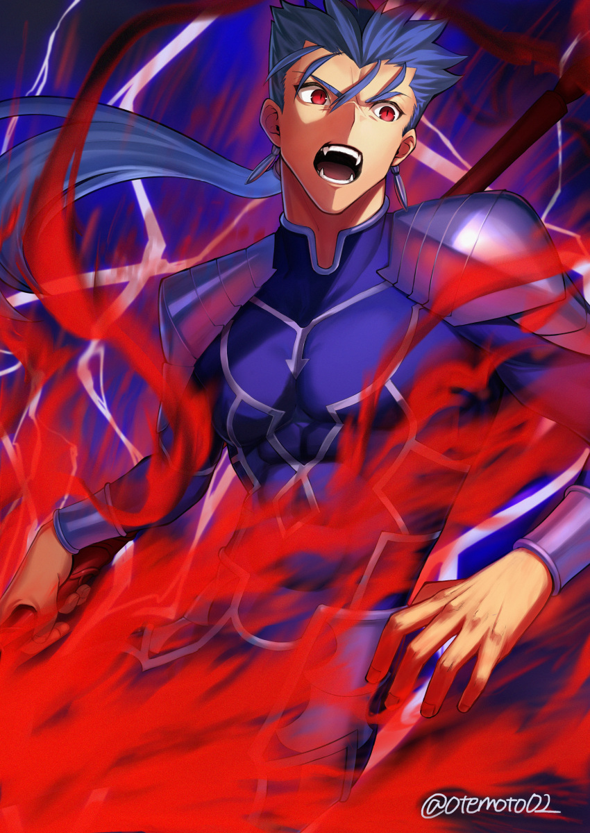 1boy absurdres angry armor blue_background blue_bodysuit blue_hair bodysuit cu_chulainn_(fate)_(all) cu_chulainn_(fate/stay_night) earrings fangs fate/grand_order fate_(series) gae_bolg_(fate) hair_strand highres holding holding_spear holding_weapon huge_filesize jewelry lightning long_hair male_focus moto_(otemoto02) open_mouth polearm ponytail red_eyes shoulder_armor solo spear twitter_username weapon