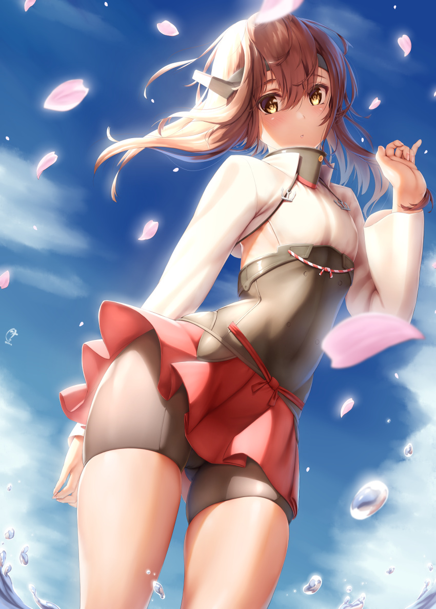 1girl absurdres ass_visible_through_thighs bike_shorts blue_sky blush breasts brown_eyes brown_hair cherry_blossoms commentary_request etsunami_kumita eyebrows_visible_through_hair gradient gradient_background hair_between_eyes hair_ornament headband headgear highres kantai_collection long_sleeves looking_at_viewer parted_lips petals pleated_skirt red_skirt short_hair sideboob skirt sky small_breasts solo standing taihou_(kancolle) thighs water_drop