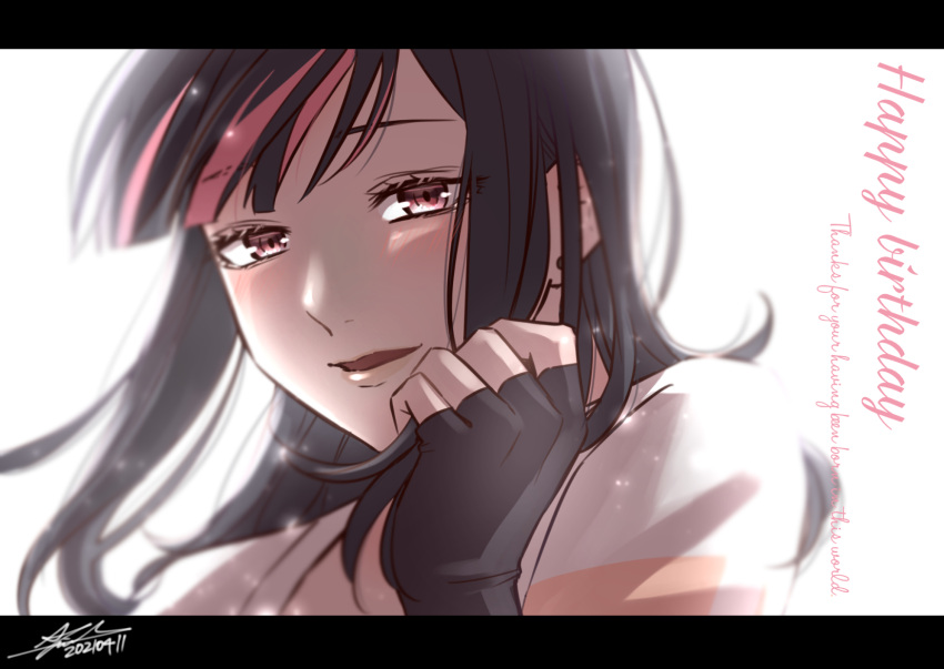 1girl bangs black_gloves black_hair blush close-up commentary_request dated english_text face fingerless_gloves gloves hand_up happy_birthday highres letterboxed long_hair looking_at_viewer multicolored_hair open_mouth signature smile so_(s_field93870) solo striped swindler_(akudama_drive) symbol_commentary white_background