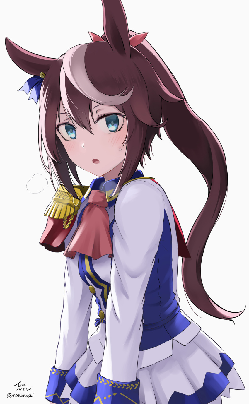 1girl :o ascot blue_eyes blush brown_hair epaulettes grey_background hair_ribbon highres jacket long_hair looking_at_viewer multicolored_hair open_mouth pink_neckwear pleated_skirt ponytail red_ribbon ribbon signature simple_background single_epaulette skirt solo streaked_hair sweat tea_(nakenashi) tokai_teio_(umamusume) twitter_username umamusume very_long_hair white_hair white_jacket white_skirt