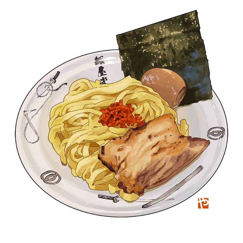 chain egg english_commentary food food_focus garnish hardboiled_egg katana meat no_humans noodles original plate realistic seaweed simple_background still_life studiolg sword weapon white_background