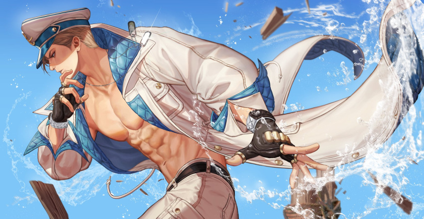 1boy abs bare_pectorals belt black_gloves blonde_hair brown_eyes buttons coat coattails commentary_request cyphers debris dog_tags fingerless_gloves fingernails glint gloves hand_up hat highres kenneth_hart_(cyphers) korean_commentary long_sleeves male_focus muscular muscular_male navel open_clothes open_coat pants parted_lips peaked_cap pectorals puffy_long_sleeves puffy_sleeves quilted_coat shewnut short_hair solo symbol_commentary water white_coat white_headwear white_pants