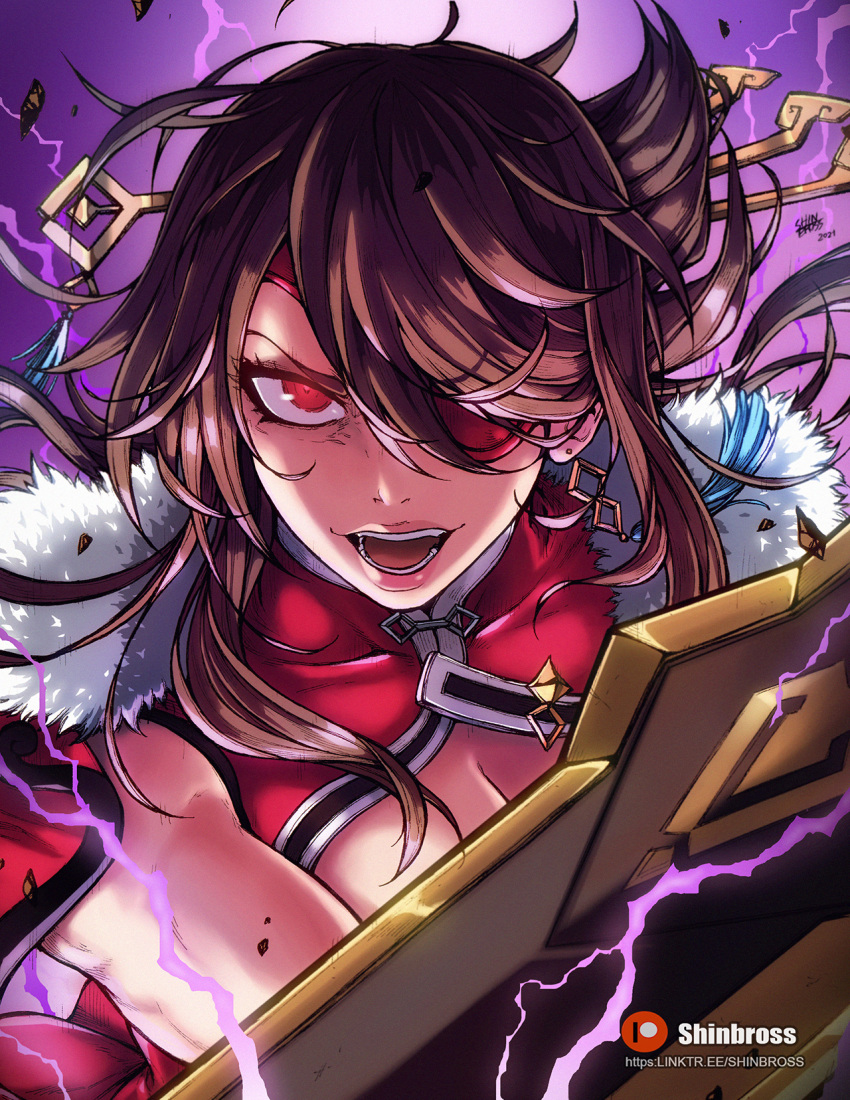 2021 artist_name beidou_(genshin_impact) breasts brown_hair china_dress chinese_clothes claymore_(sword) dress earrings electricity eyepatch fur_trim genshin_impact hair_ornament hair_stick highres holding holding_sword holding_weapon jewelry long_hair looking_at_viewer open_mouth patreon_logo patreon_username red_eyepatch red_eyes shinbross sword watermark weapon web_address