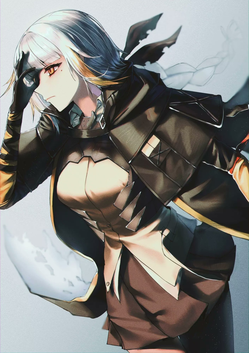 1girl black_gloves breasts brown_eyes brown_skirt cloak closed_mouth eyebrows_visible_through_hair feet_out_of_frame girls_frontline gloves hand_up highres long_hair looking_away m16a1_(girls_frontline) medium_breasts mole mole_under_eye multicolored_hair shirt silver_hair simple_background skirt solo standing xanax025 yellow_shirt