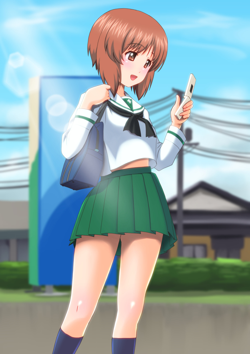 1girl :d bag bangs black_neckwear blue_legwear blue_sky blurry blurry_background blush brown_eyes brown_hair cellphone collared_shirt day eyebrows_visible_through_hair girls_und_panzer green_skirt highres holding holding_phone kneehighs lens_flare long_sleeves miniskirt nishizumi_miho open_mouth outdoors phone pleated_skirt sailor_collar sailor_shirt school_bag shiny shiny_hair shiny_skin shirt short_hair skirt sky smartphone smile solo standing t_k white_sailor_collar white_shirt