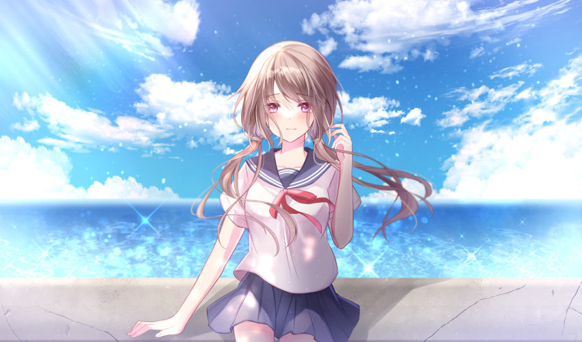 1girl bangs blue_sailor_collar blue_skirt blue_sky brown_hair canary999 closed_mouth clouds collarbone commentary day eyebrows_visible_through_hair highres horizon looking_at_viewer ocean original outdoors red_neckwear sailor_collar school_uniform serafuku shirt short_sleeves skirt sky solo sparkle twintails violet_eyes white_shirt