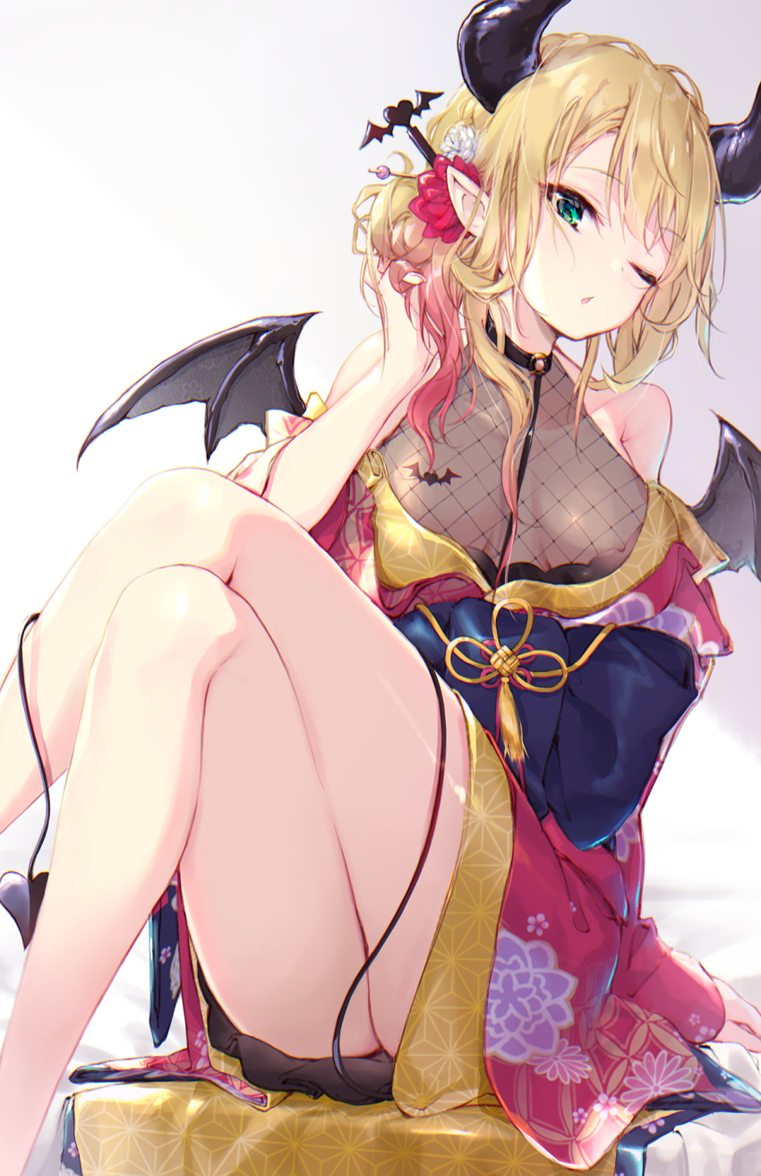 1girl alternate_costume alternate_hairstyle black_horns blonde_hair breasts chest_tattoo curled_horns demon_girl demon_horns demon_tail demon_wings flower gradient_hair green_eyes hair_flower hair_ornament hairclip highres hololive horns japanese_clothes kimono large_breasts looking_at_viewer multicolored_hair one_eye_closed orange_hair pointy_ears sitting solo t-bth tail tattoo thighs virtual_youtuber wings yuzuki_choco