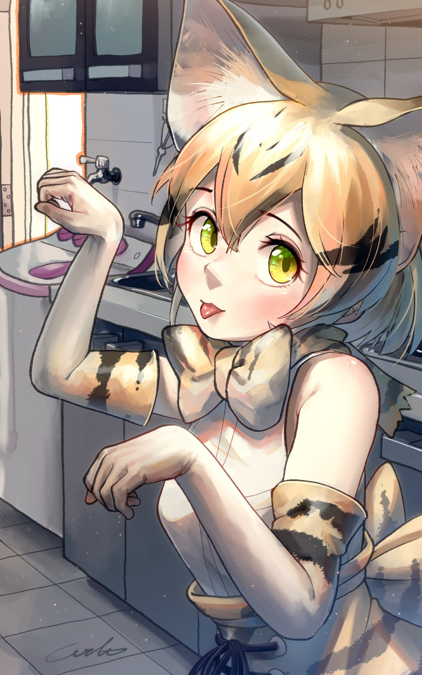 1girl :p absurdres animal_ear_fluff animal_ears bangs bare_shoulders blonde_hair bow bowtie cat_ears cat_girl commentary_request elbow_gloves extra_ears gloves green_eyes hair_between_eyes hand_up high-waist_skirt highres indoors kemono_friends kitchen looking_at_viewer multicolored_hair paw_pose print_bow print_gloves print_skirt printer sand_cat_(kemono_friends) sand_cat_print shirt signature skirt sleeveless sleeveless_shirt solo tile_floor tiles tongue tongue_out two-tone_hair welt_(kinsei_koutenkyoku) white_shirt
