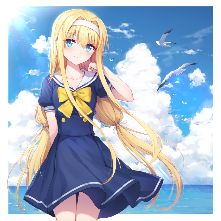 1girl absurdres alice_zuberg arm_at_side bangs bird blonde_hair blue_dress blue_eyes blush border bow clouds collarbone commentary_request cowboy_shot day dress eyebrows_visible_through_hair hair_intakes hair_ribbon hairband hand_up highres legs_together long_hair looking_at_viewer low-tied_long_hair outdoors puffy_short_sleeves puffy_sleeves railing ribbon sailor_collar sailor_dress school_uniform seagull serafuku short_sleeves sky smile solo sword_art_online taro_(ultrataro) uniform very_long_hair white_border white_ribbon white_sailor_collar yellow_neckwear