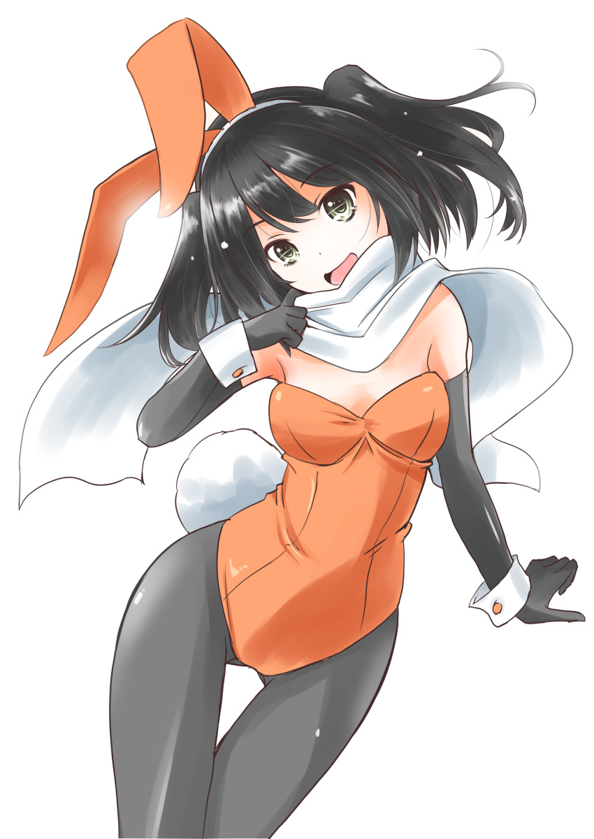 1girl absurdres animal_ears ass_visible_through_thighs black_gloves black_hair black_legwear bunny_tail commentary_request cowboy_shot elbow_gloves fake_animal_ears gloves highres kantai_collection leotard looking_at_viewer orange_leotard pantyhose playboy_bunny rabbit_ears scarf sendai_(kancolle) simple_background solo strapless strapless_leotard tail taisinkoku two_side_up white_background white_scarf wrist_cuffs