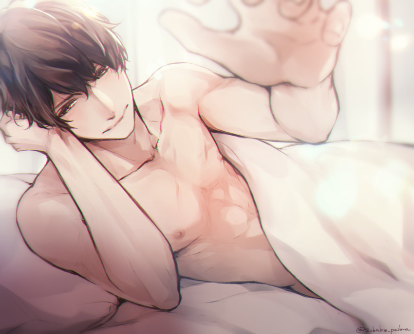 1boy abs artist_name blurry blurry_foreground brown_eyes brown_hair collarbone foreshortening hair_between_eyes kirihara_subako looking_at_viewer male_focus nipples on_bed original pillow reaching_out smile solo toned toned_male under_covers