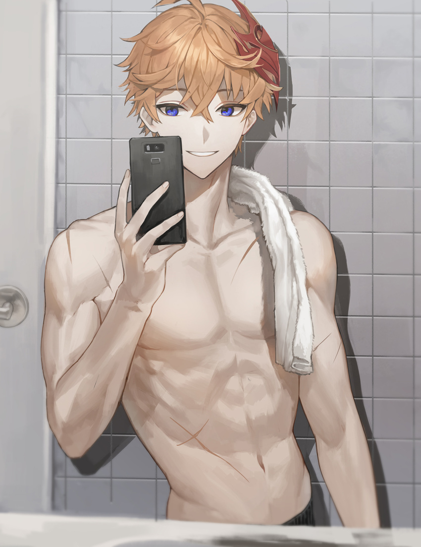 1boy abs ahoge bangs blue_eyes cellphone door genshin_impact hamutyar0 highres holding holding_phone male_focus mask mask_on_head orange_hair pectorals phone scar scar_on_chest selfie shirtless smartphone smile solo tartaglia_(genshin_impact) tile_wall tiles toned towel towel_around_neck