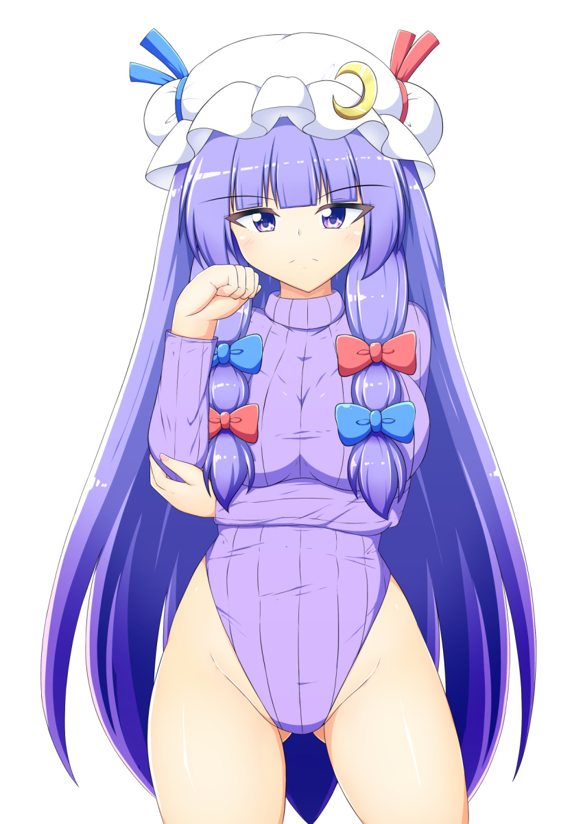 1girl ass_visible_through_thighs bangs blue_bow blunt_bangs bow breasts commentary_request cowboy_shot crescent crescent_hat_ornament groin hair_bow hat hat_ornament highleg highleg_leotard highres kagayama_hajime large_breasts leotard long_hair looking_at_viewer mob_cap patchouli_knowledge purple_hair purple_leotard red_bow ribbed_leotard simple_background smile solo standing touhou turtleneck_leotard very_long_hair violet_eyes white_background white_headwear