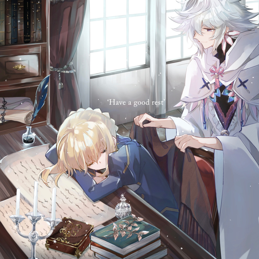 1boy 1girl absurdres artoria_pendragon_(all) bangs blonde_hair blue_jacket book braid braided_bun candle closed_eyes crossed_arms desk dress fate/grand_order fate_(series) hair_between_eyes head_rest highres holding indoors ink_bottle jacket looking_down medium_hair merlin_(fate) nayu_tundora saber shiny shiny_hair short_hair_with_long_locks sidelocks silver_hair sleeping white_dress