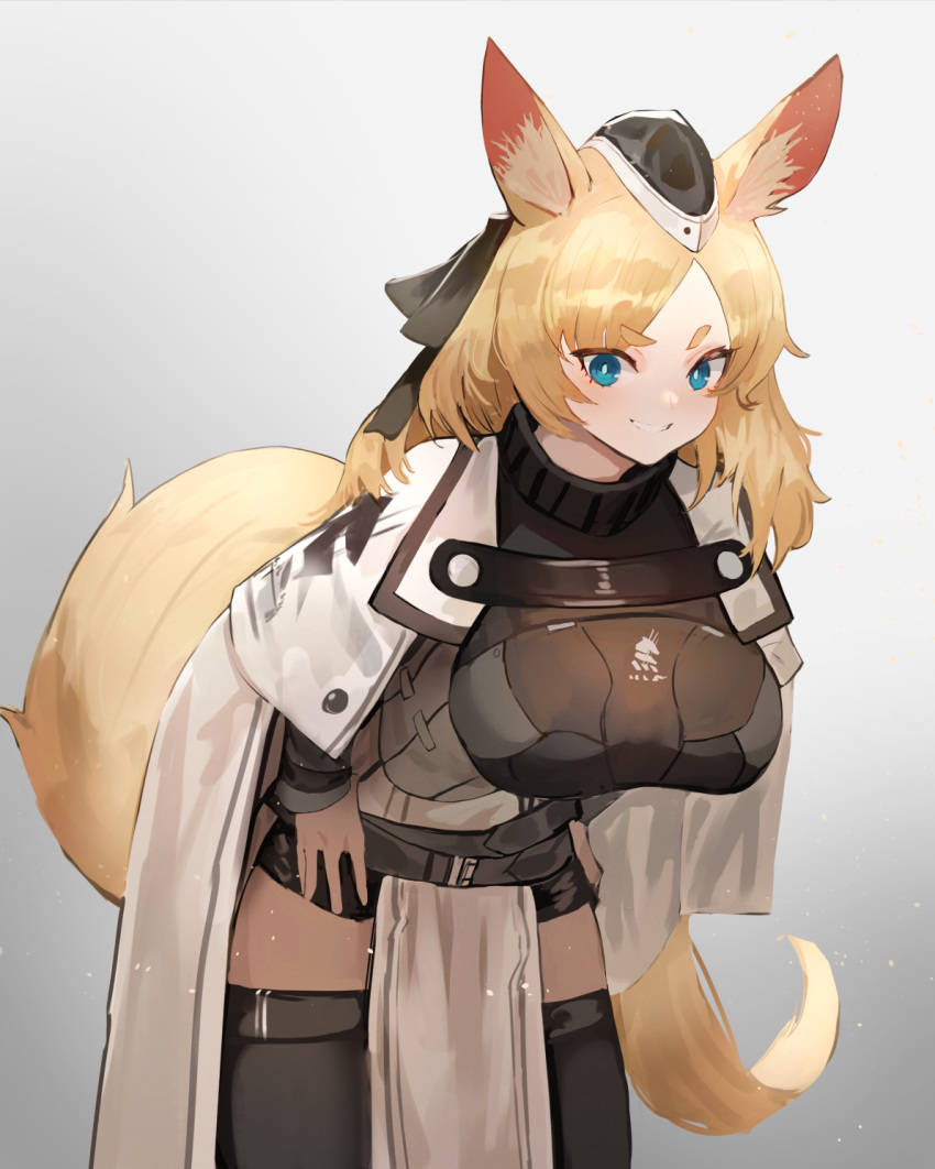 1girl :3 animal_ear_fluff animal_ears arknights bangs black_headwear black_ribbon blonde_hair blue_eyes breasts cape eyebrows_visible_through_hair garrison_cap gradient gradient_background grey_background grin hair_between_eyes hair_ribbon hat highres horse_ears horse_girl horse_tail kingdom_of_kazimierz_logo large_breasts leaning_forward long_hair looking_at_viewer mannouyakunta mini_hat parted_lips ribbon smile tail whislash_(arknights) white_background white_cape