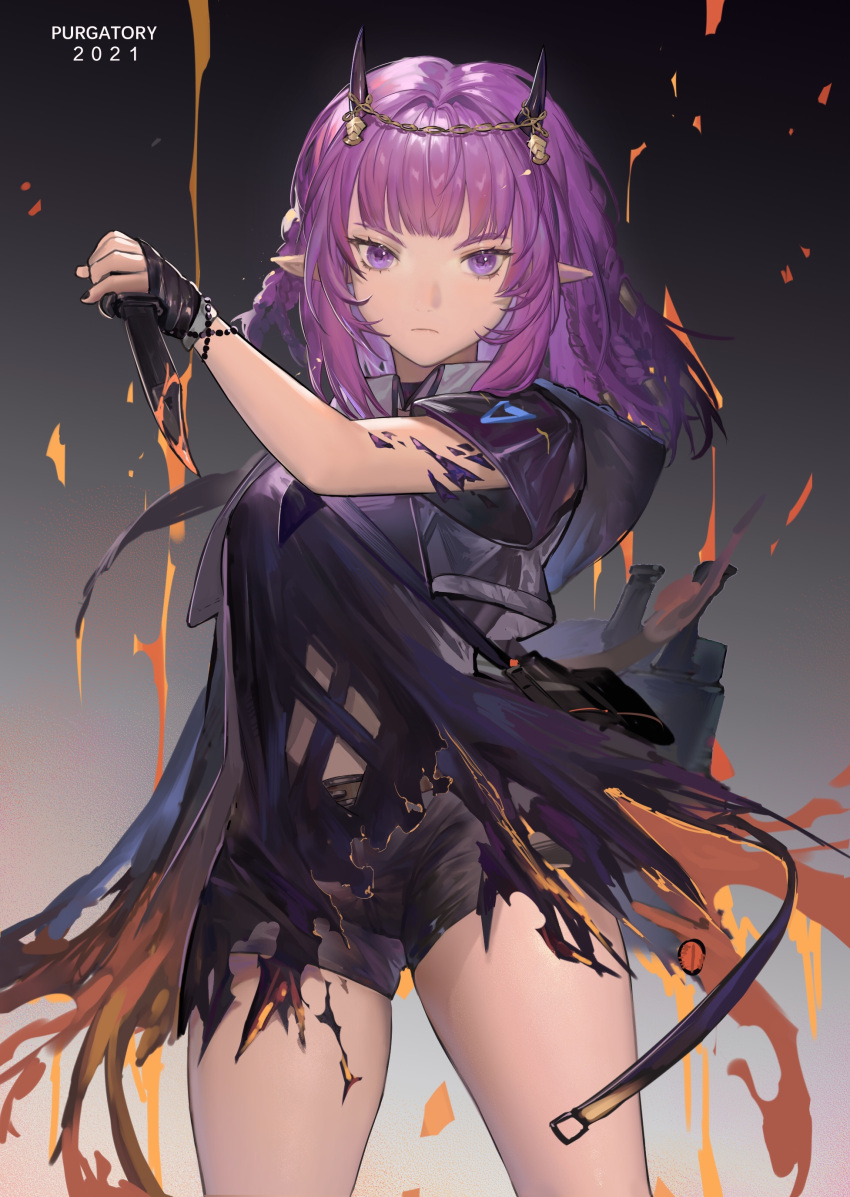 1girl 2021 absurdres arknights bangs bingansuan_jiamouren black_dress black_gloves black_shorts burnt_clothes commentary_request demon_horns dress fingerless_gloves gloves highres horns knife lava_(arknights) long_hair looking_at_viewer oripathy_lesion_(arknights) pointy_ears purgatory_(arknights) purple_hair reverse_grip short_hair short_shorts short_sleeves shorts solo thighs violet_eyes weapon