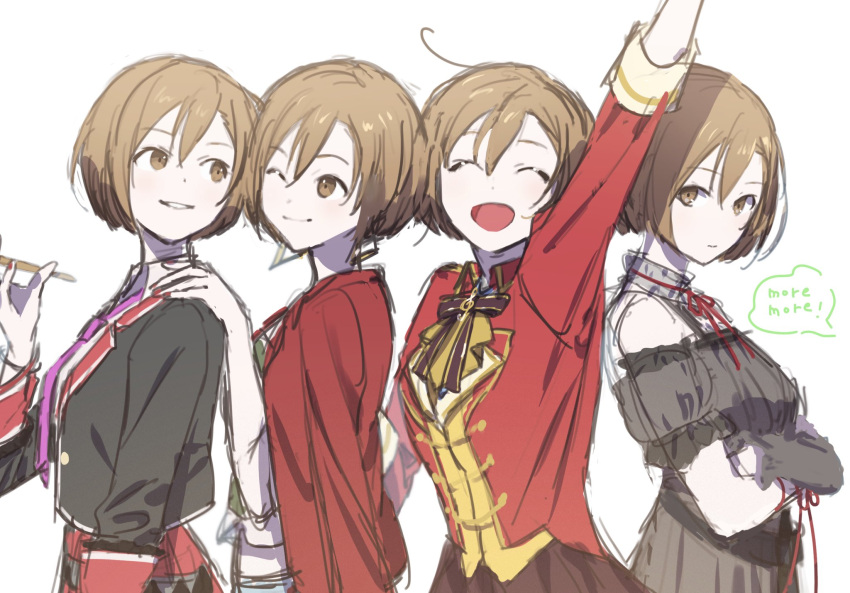 4girls band_uniform bare_shoulders black_dress black_jacket black_skirt brown_eyes brown_hair closed_eyes dress expressionless from_side grin hands_on_another's_shoulders highres jacket jacket_on_shoulders meiko multiple_girls multiple_persona neck_ribbon one_eye_closed open_mouth project_sekai red_jacket ribbon sasasa_(sk45pskm) short_hair skirt smile speech_bubble standing upper_body vocaloid white_background