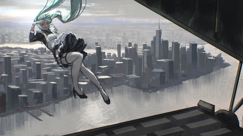 1girl airplane_interior alternate_costume apron black_footwear black_garter_straps black_legwear blue_eyes boots cityscape commentary english_commentary enmaided flat_chest floating_hair gloves green_hair grey_sky hatsune_miku high_heels highres jumping long_hair looking_at_viewer maid maid_apron over-kneehighs salute solo thigh-highs thigh_boots thighhighs_under_boots twintails vertigris very_long_hair vocaloid white_apron white_footwear white_gloves