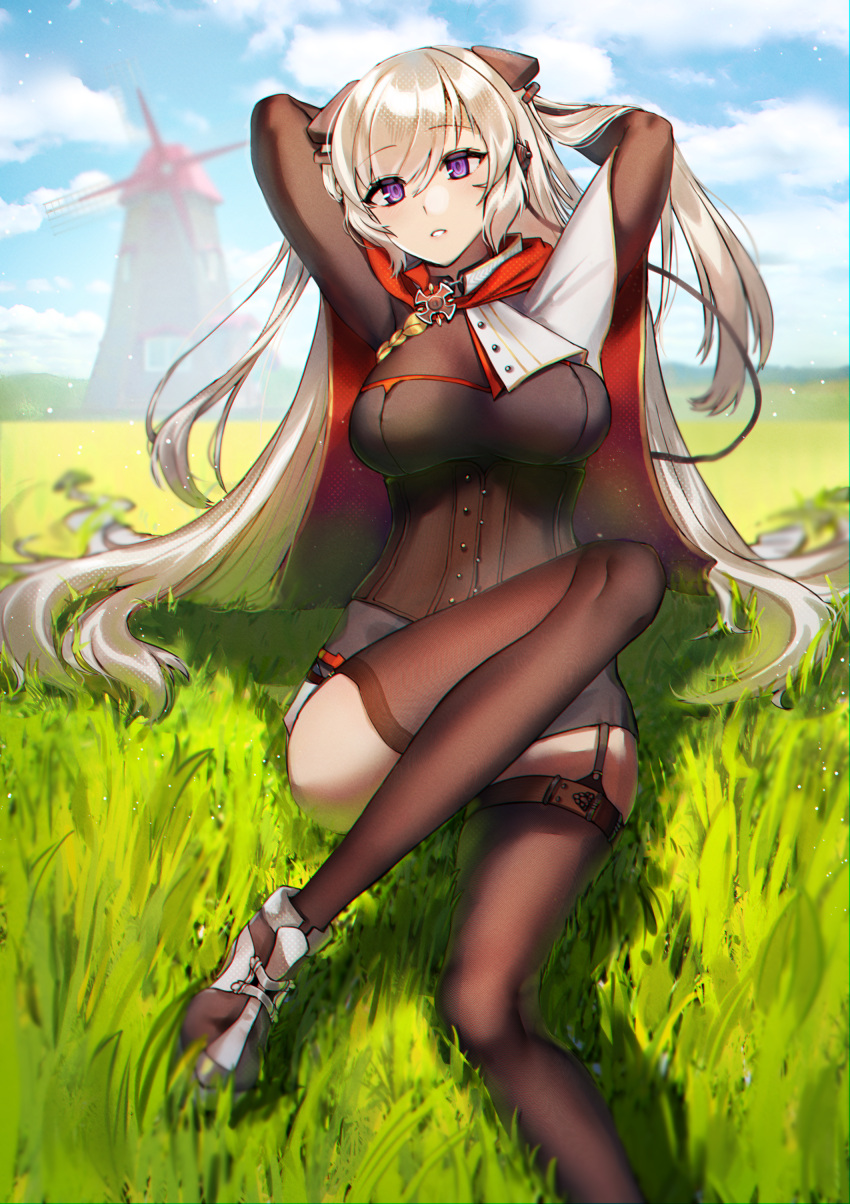 1girl absurdres bangs black_legwear breasts cloak corset dress eyebrows_visible_through_hair g3_(girls_frontline) garter_straps girls_frontline hands_in_hair highres huge_filesize knee_up long_hair looking_at_viewer medium_breasts platinum_blonde_hair shoes silver_hair sitting_on_floor solo thigh-highs violet_eyes xanax025