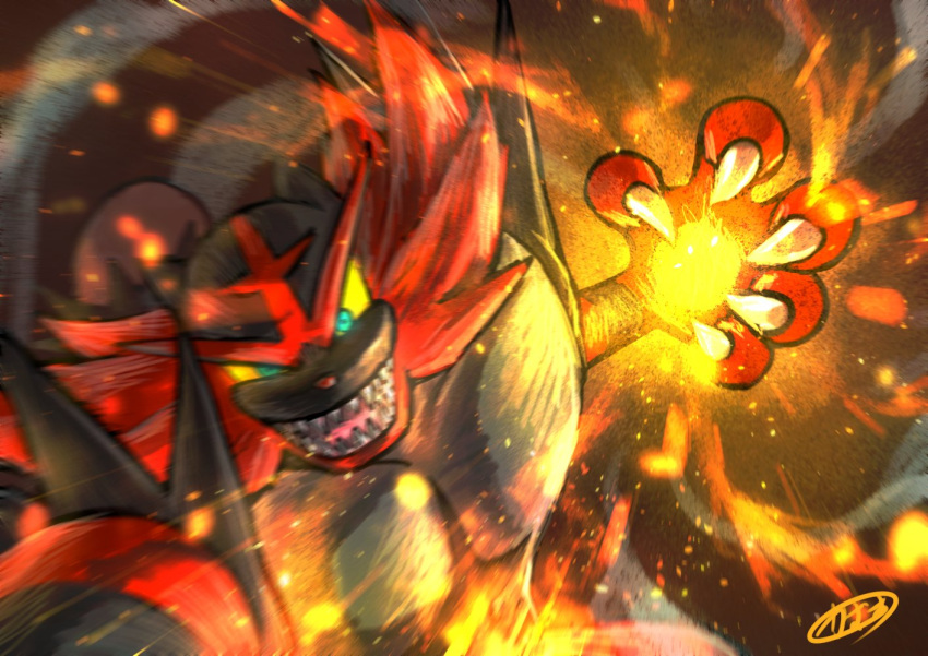 blurry claws colored_sclera commentary_request embers fire gen_7_pokemon green_eyes hand_up incineroar incoming_attack kaosu_(kaosu0905) looking_at_viewer open_mouth pokemon pokemon_(creature) sharp_teeth signature solo teeth tongue yellow_sclera