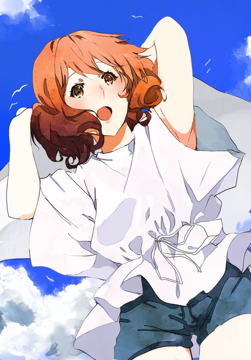 1girl :d arms_behind_head bird blue_sky brown_eyes brown_hair clouds denim denim_shorts dutch_angle faux_traditional_media from_below hibike!_euphonium highres kataru_(ubw-emiya) open_mouth oumae_kumiko seagull shirt short_hair shorts sky sleeveless smile solo standing white_shirt