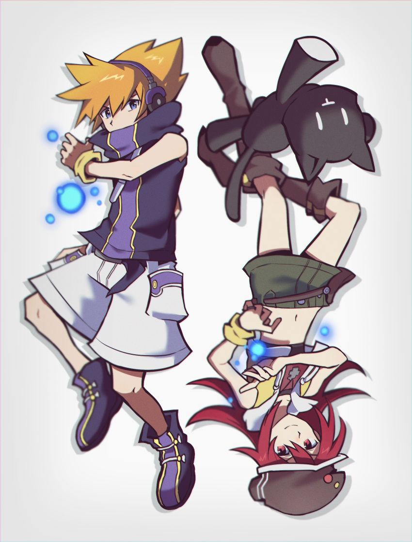 1boy 1girl absurdres black_headwear blue_eyes brown_footwear brown_hair hair_between_eyes hat hat_ornament headphones highres looking_at_viewer midriff misaki_shiki mr._mew n3ss_0 navel pocket purple_footwear red_eyes redhead sakuraba_neku shorts simple_background sleeveless sleeveless_jacket spiky_hair stuffed_animal stuffed_cat stuffed_toy subarashiki_kono_sekai upside-down white_background wristband