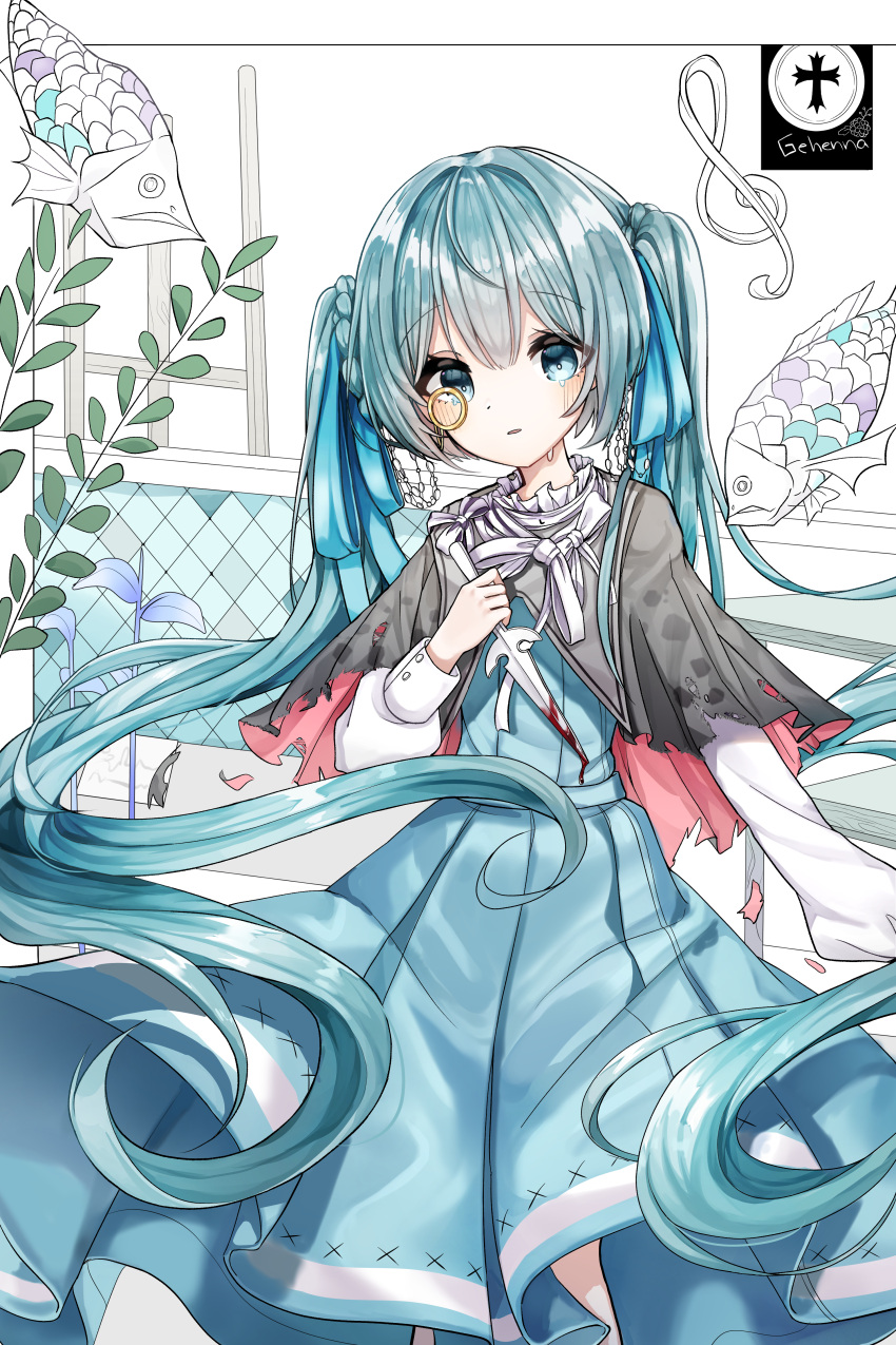 1girl absurdres aqua_dress aqua_eyes aqua_hair aqua_ribbon black_capelet blood bloody_weapon capelet cowboy_shot cross crying crying_with_eyes_open dagger dress fish hair_ribbon hatsune_miku highres holding holding_dagger holding_weapon ille_(xcpa7325) long_hair looking_at_viewer monocle parted_lips partially_colored ribbon solo song_name standing tears torn_clothes treble_clef twintails very_long_hair vocaloid weapon white_sleeves