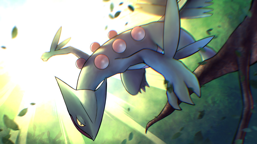 absurdres blurry closed_mouth commentary gen_3_pokemon higa-tsubasa highres holding leaf light_beam no_humans pokemon pokemon_(creature) sceptile solo tree_branch